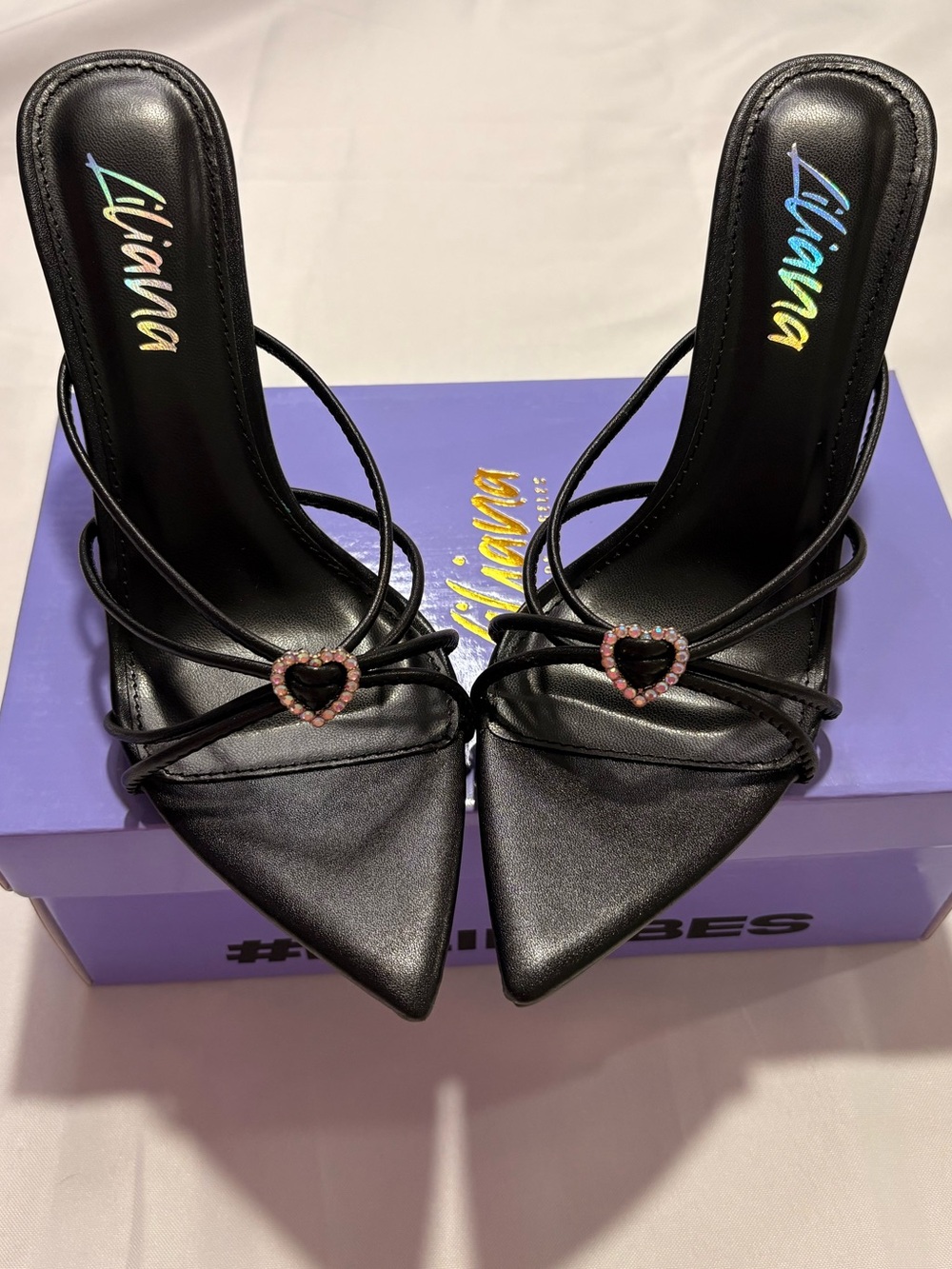 Liliana Black Pointed Stiletto Heels with Pink Heart Rhinestone